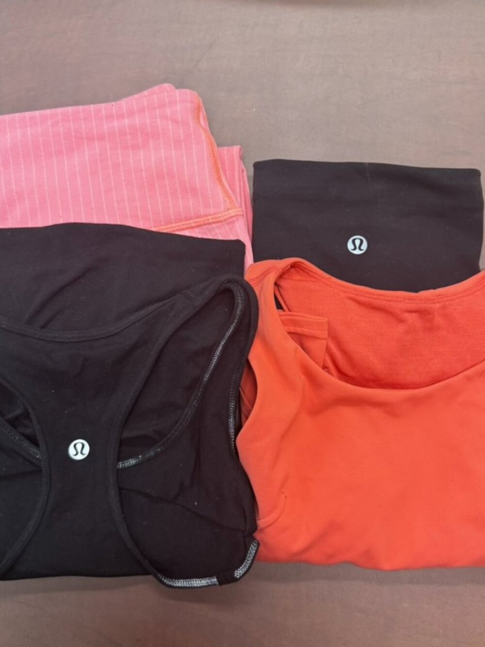 Lululemon Sz 6 Lot Crop Tank, Crop Pink Stripe Legging, Black Tank & Biker Short - Picture 1 of 10